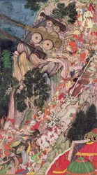 Bullocks dragging siege guns uphill during an attack on Ranthambhor Fort, from the Akbarnama, Mughal, c.1590-95